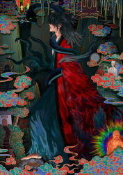 Rule 34 | 2boys, absurdres, animal, architecture, barefoot, black hair, black hanfu, black shawl, buddha, chinese clothes, chinese commentary, cloud, coat, covered eyes, creature, dao gui yi xian, east asian architecture, eyeball, from side, full body, gongqiana, hair bun, hair over eyes, half updo, hanfu, highres, li huowang, li sui (tentacles), long hair, long sleeves, male focus, multiple boys, parted lips, profile, red coat, robe, shawl, single hair bun, sleeves past fingers, sleeves past wrists, snake, snake bondage, solo, solo focus, standing, statue, tentacles, torn clothes, tree, very long sleeves, wide sleeves, xiangyun, zhuge yuan