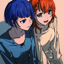Rule 34 | 2girls, blue eyes, blue hair, blue sweater, braid, braided bangs, brown hair, brown sweater, closed mouth, collarbone, commentary request, hanasato minori, highres, kani (kaniya), kiritani haruka, long hair, long sleeves, looking at another, lower teeth only, multiple girls, open mouth, project sekai, short hair, smile, sweater, teeth, upper body, yuri