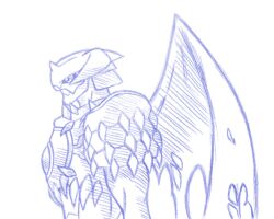 Rule 34 | armor, digimon, digimon (creature), dynasmon, highres, horns, looking to the side, monochrome, sharp teeth, sketch, teeth, traditional media, wings