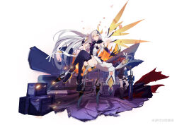 Rule 34 | 2girls, absurdres, ahoge, asymmetrical gloves, black footwear, black gloves, black jacket, black shorts, boots, breasts, cang lan ba, crossed legs, dress, floating, full body, gloves, hair ornament, highres, honkai (series), honkai impact 3rd, jacket, kiana kaslana, kiana kaslana (herrscher of the void), long hair, medium breasts, mismatched gloves, multiple girls, murata himeko, murata himeko (arctic kriegsmesser), pantyhose, planted, planted sword, planted weapon, ponytail, red hair, shorts, simple background, single wing, sitting, standing, sword, thigh boots, very long hair, weapon, white background, white dress, white gloves, white hair, white pantyhose, wings, yellow background, yellow eyes