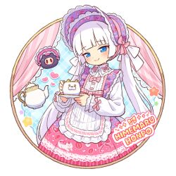 1girl blue_eyes blunt_bangs bonnet bow closed_mouth collared_dress commentary_request cup dress hair_bow holding holding_cup holding_saucer long_hair looking_at_viewer multicolored_dress onyhakase original pink_bow pink_dress print_dress purple_bonnet purple_dress saucer smile solo teacup teapot twintails very_long_hair white_hair