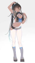 1girl :p abs arm_up armpits blue_nails blunt_bangs boots breasts cleavage clothing_cutout crop_top dated full_body grey_eyes highres knee_boots light_blush long_hair micro_shorts myabit navel original see-through_clothes see-through_sleeves shorts sideboob sidelocks tongue tongue_out white_background