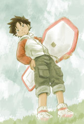 1boy brown_hair eureka_seven eureka_seven_(series) full_body grey_eyes hoverboard jacket male_focus mitsui_jun renton_thurston short_hair shorts smile solo