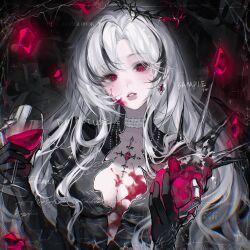 1girl absurdres alcohol black_gloves black_hair blood breasts choker cleavage cup drinking_glass earrings glass gloves highres holding holding_cup jewelry long_hair looking_at_viewer multicolored_hair original parted_lips red_eyes solo streaked_hair upper_body white_hair wine wine_glass xiaoyanggougou