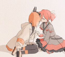 Rule 34 | 2girls, a.i. voice, absurdres, adachi rei, black leggings, black shirt, bow, buttons, closed eyes, closed mouth, commentary request, dated commentary, drill hair, face-to-face, facing another, frilled skirt, frills, gloves, grey jacket, grey skirt, hair bow, hair ornament, hair ribbon, hairband, highres, holding hands, interlocked fingers, jacket, kasane teto, kasane teto (sv), leggings, long sleeves, medium hair, multiple girls, on floor, open clothes, open jacket, orange hair, radio antenna, red hair, red trim, ribbon, sabaku (saba9), shirt, shoes, short hair, shoulder belt, shoulder strap, simple background, sitting, skirt, smile, synthesizer v, traditional media, twin drills, utau, watercolor pencil (medium), white background, white bow, white footwear, white gloves, white jacket, white ribbon, yokozuwari, yuri