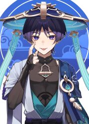 Rule 34 | 1boy, akanbe, anemo symbol (genshin impact), aqua gemstone, aqua pupils, armor, asymmetrical sleeves, belt, black bow, black bridal gauntlets, black sash, blue cape, blue hat, blue kimono, blue sleeves, blunt ends, bow, bridal gauntlets, cape, ebibi chiriri, eyelashes, eyelid pull, eyeliner, eyeshadow, feathers, finger to eye, fingernails, furisode, gem, genshin impact, gold, gold ring, gold trim, hat, highres, index finger raised, japanese armor, japanese clothes, jingasa, juban, kimono, kote, kurokote, looking at viewer, makeup, male focus, middle ring, open clothes, open kimono, pom pom (clothes), purple belt, purple eyes, purple hair, purple rope, red eyeliner, red eyeshadow, rope, sash, scaramouche (genshin impact), short sleeves, simple background, solo, straight-on, tongue, tongue out, tsurime, upper body, vision (genshin impact), wanderer (genshin impact), white kimono, white sleeves, wispy bangs, yellow feathers