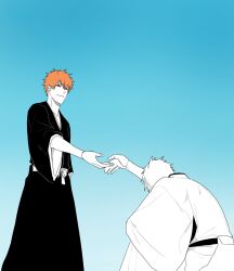 Rule 34 | 2boys, black robe, bleach, blecc0na, blue background, gradient background, highres, hollow ichigo, kurosaki ichigo, limited palette, male focus, multiple boys, orange eyes, orange hair, partially colored, robe, short hair, simple background, white hair, white robe