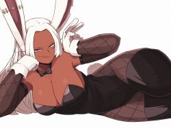 Rule 34 | 1girl, absurdres, animal ears, bare shoulders, black bow, black bowtie, black leotard, black thighhighs, boku no hero academia, bow, bowtie, breasts, cleavage, commentary request, dark-skinned female, dark skin, earrings, fishnet pantyhose, fishnet sleeves, fishnets, gloves, hand on own cheek, hand on own face, head rest, highres, jewelry, large breasts, leotard, long eyelashes, long hair, looking at viewer, lying, mirko, notched ear, omniiro, on side, pantyhose, parted bangs, playboy bunny, rabbit ears, rabbit girl, rabbit tail, red eyes, scar, scar on face, smile, smug, solo, strapless, tail, thick thighs, thighhighs, thighs, v, white background, white gloves, white hair