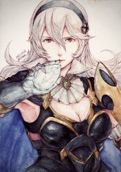 1girl armor armored_leotard black_armor black_hairband black_leotard blue_cape breasts cape cleavage closed_mouth dragonstone female_corrin_(fire_emblem) female_corrin_(nohr_noble)_(fire_emblem) fire_emblem fire_emblem_fates fire_emblem_heroes hair_between_eyes hairband highres leotard long_hair looking_at_viewer medium_breasts nintendo official_alternate_costume pointy_ears red_eyes solo tohka_sd upper_body white_hair
