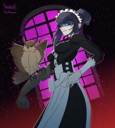 1girl alternate_costume apron bird black_dress breasts disgust dress enmaided eva_(kavunyak) frilled_apron frills from_below funkiflame hair_bun hand_on_own_hip highres long_hair long_sidelocks looking_at_viewer maid maid_apron maid_headdress medium_breasts original owl purple_sky shaded_face sidelocks sky solo waist_apron white_apron window