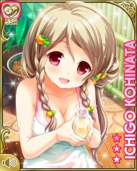 1girl bench blonde_hair bottle bottomless bow breasts card character_name day girlfriend_(kari) hair_ornament hairclip indoors kohinata_ichigo long_hair official_art open_mouth qp:flapper red_eyes sitting smile spa tagme towel