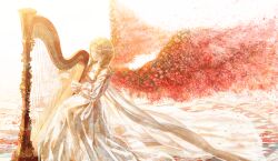 1girl angel_wings blonde_hair braid breasts cape commentary_request dissolving dress ema3 flower flower_wreath from_side harp head_wreath instrument long_dress long_hair long_sleeves looking_ahead music original parted_bangs petals plant_wings playing_instrument puffy_long_sleeves puffy_sleeves red_flower red_rose red_wings rose simple_background sitting small_breasts smile solo twin_braids twintails very_long_hair white_background white_cape white_dress white_flower wings