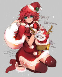 Rule 34 | 2girls, antlers, artist name, blue eyes, closed mouth, commentary request, dress, english text, gloves, grey background, grey eyes, grey hair, gundam, gundam suisei no majo, hat, high heels, highres, horns, izumiya otoha, long hair, looking at viewer, merry christmas, mini person, minigirl, miorine rembran, multiple girls, red gloves, red hair, red shoes, red thighhighs, reindeer antlers, santa costume, santa dress, santa hat, shoes, simple background, smile, snow, snowing, suletta mercury, thick eyebrows, thighhighs, twitter username