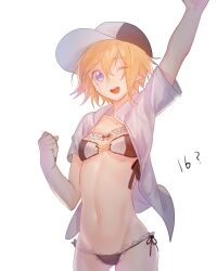 1girl ;d alternate_costume aotu_world arm_up baseball_cap bikini black_bikini black_hat black_ribbon blonde_hair blue_eyes breasts collarbone collared_shirt cowboy_shot frilled_bikini frills genderswap genderswap_(mtf) gluteal_fold groin haiiro_(frabilovelove) hair_between_eyes hat highres king_(aotu_world) looking_at_viewer navel numbered one_eye_closed open_clothes open_mouth open_shirt pointy_ears purple_eyes ribbon shirt short_hair short_sleeves side-tie_bikini_bottom simple_background small_breasts smile solo stomach swimsuit waving white_background white_hat white_shirt