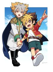 2boys age_difference amanogawa_ginga amanogawa_ryuusei artist_name belt belt_buckle belt_pouch black_boots black_hair blonde_hair blue_jacket blue_shorts blue_sky boots brothers brown_belt brown_eyes buckle child cloud collared_jacket epaulettes full_body green_trim holding_hands jacket jinzou_konchuu_kabutoborg_vxv kuroda_(kuro_yyy) looking_at_another looking_back male_focus multiple_boys open_mouth pants pointing pouch red_jacket red_shoes shirt shoes short_hair shorts siblings signature sky smile sneakers standing walking white_hair white_jacket white_pants white_shirt wristband