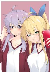 2girls alternate_costume blonde_hair blue_bow blush bow collarbone green_eyes hair_bow hand_on_another&#039;s_shoulder highres holding holding_phone jacket multiple_girls phone ponytail purple_eyes purple_hair selfie shirt short_hair_with_long_locks track_jacket track_suit tsurumaki_maki vocaloid voiceroid yuzuki_yukari zooanime