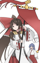 2girls absurdly_long_hair adapted_costume allcy49 armor banner battle_standard blue_hair bow chainmail chihaya_(clothing) flag foul_detective_satori frilled_bow frilled_hair_tubes frills gensokyo&#039;s_first_hakurei_miko gohei hair_tubes hakama hakama_skirt highres holding holding_banner huge_bow japanese_clothes kimono kosode large_bow layered_armor long_hair long_sleeves low-tied_long_hair miko miyadeguchi_mizuchi miyadeguchi_mizuchi_(human) multiple_girls ponytail red_hakama ribbon-trimmed_sleeves ribbon_trim shide skirt speech_bubble standard_bearer thought_bubble touhou very_long_hair war_banner war_flag white_kimono wide_sleeves