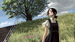 1girl belt black_overalls blue_sky cloud collared_shirt flower grass hill looking_to_the_side looking_up low_ponytail medium_hair original overall_skirt overalls pink_flower ponytail railing shirt short_ponytail short_sleeves sky solo stairs tree wabuchi white_shirt