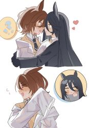 !? 2girls agnes_tachyon_(umamusume) animal_ears black_gloves black_hair black_necktie blush brown_hair coat collar commentary gloves hashtag-only_commentary heart highres horse_ears lab_coat long_hair manhattan_cafe_(umamusume) multiple_girls necktie open_mouth pink_eyes sere_(_h11r_agi) shirt short_hair simple_background sleeves_past_fingers sleeves_past_wrists spoken_interrobang sweater tongue tongue_out umamusume white_background white_coat white_shirt yellow_eyes yellow_sweater yuri