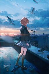 1girl absurdres arms_at_sides bird black_jacket black_shoes black_socks blazer blue_eyes blue_skirt braid braided_ponytail city_lights cityscape closed_mouth cloud cloudy_sky commentary film_grain floating_hair from_side full_body hair_over_shoulder heel_up highres jacket kaf_(kamitsubaki_studio) kamitsubaki_studio kneehighs lens_flare loafers long_hair looking_ahead motion_blur on_rooftop outdoors pigeon pink_hair plaid_clothes plaid_skirt pleated_skirt profile rooftop school_uniform shadow shiomi_(lowrise) shoes skirt sky socks solo standing sunrise urban wide-eyed