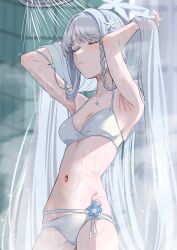 1girl armpits bikini blue_archive braid closed_eyes commentary flower hair_flower hair_ornament hands_in_own_hair highres ito_(ito577) long_hair nagusa_(blue_archive) nagusa_(swimsuit)_(blue_archive) navel official_alternate_costume parted_bangs parted_lips showering single_braid solo stomach swimsuit white_bikini white_flower white_hair