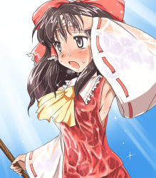 1girl armpits ascot blue_background blush bow brown_eyes brown_hair commentary_request detached_sleeves flx hair_bow hakurei_reimu hand_in_own_hair long_hair open_mouth sweat touhou very_sweaty