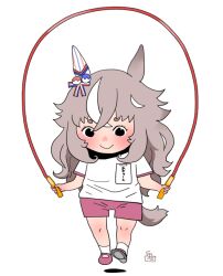 Rule 34 | 1girl, animal ears, black eyes, blush, closed mouth, commentary request, ear covers, full body, grey hair, holding, holding jump rope, horse ears, horse girl, horse tail, jump rope, long hair, looking down, multicolored hair, onikobe rin, pink shoes, pink shorts, shirt, shoes, short sleeves, shorts, simple background, single ear cover, smile, socks, solo, streaked hair, tail, umamusume, white background, white shirt, white socks, wonder acute (umamusume)
