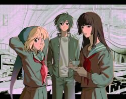 1boy 2girls 97ttwwaazz absurdres arms_behind_head arthropod_girl avalona black_eyes black_hair blonde_hair brown_eyes brown_hair commentary english_commentary gakuran hands_in_pockets highres insect_girl letterboxed long_hair multiple_girls randal&#039;s_friends school_uniform serafuku short_hair skirt spider_girl standing tsukada_satoru