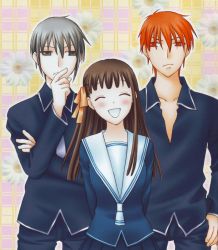 1girl 2boys brown_hair closed_eyes fruits_basket grey_eyes grey_hair hand_on_own_face hands_on_own_hips honda_tooru matching_hair/eyes multiple_boys necktie orange_eyes orange_hair sailor_collar school_uniform serafuku smile sohma_kyou souma_yuki