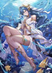 1girl bare_shoulders blue_hair breasts card_game cleavage detached_sleeves dress fish grand_archive harem_outfit high_heels highres jewelry large_breasts looking_at_object navel nr_noir official_art sabrina_(grand_archive) solo thighlet thighs underwater veil white_dress