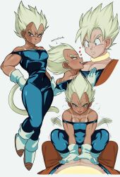 2boys abs bara blonde_hair blue_bodysuit blush bodysuit dougi dragon_ball dragonball_z facial_mark full_body heart large_pectorals looking_at_another majin_vegeta male_focus multiple_boys muscular muscular_male niusesabe open_mouth pants pectorals restrained short_hair smile son_goku spiked_hair straddling super_saiyan super_saiyan_2 tan tanline vegeta yaoi