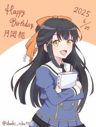 Rule 34 | 1girl, :d, assault lily, belt, belt buckle, black hair, black necktie, blue shirt, blue skirt, blush, book, bow, buckle, character name, collared shirt, commentary request, cropped jacket, dated, hair bow, hair bun, hair ornament, half updo, happy birthday, highres, holding, holding book, hugging book, hugging object, ibuki riku, juliet sleeves, long hair, long sleeves, looking at viewer, necktie, o-ring, o-ring belt, odaiba girls high school uniform, open mouth, orange background, orange bow, pleated skirt, puffy sleeves, school uniform, shirt, sidelocks, single hair bun, skirt, smile, solo, translated, tsukioka momiji, twitter username, two-tone background, two-tone shirt, white background, white shirt, x hair ornament, yellow eyes