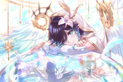 1boy angel_wings arm_rest black_hair blue_hair braid closed_mouth commentary_request csyday european_architecture feathered_wings flower genshin_impact gradient_hair green_eyes hair_flower hair_ornament hand_on_own_arm head_rest looking_at_viewer male_focus mixed-language_commentary mondstadt_city multicolored_hair partial_commentary short_hair_with_long_locks signature smile solo statue twin_braids venti_(archon)_(genshin_impact) venti_(genshin_impact) white_hood white_wings wings