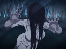 1girl against_fourth_wall against_glass april_fools black_hair breasts bush cleavage collarbone cosplay covered_face dark dress forest fourth_wall ghost grass hair_over_eyes hair_over_face hand_on_glass horror_(theme) large_breasts leaf long_hair nature night official_art pale_skin palms plant ryouki_(senran_kagura) senran_kagura senran_kagura_estival_versus senran_kagura_new_link short_sleeves solo standing the_ring torn_clothes torn_dress tree white_dress yaegashi_nan yamamura_sadako yamamura_sadako_(cosplay)