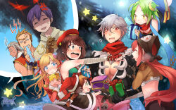 4boys 4girls anger_vein angry arm_wrap armor artist_request assassin_cross_(ragnarok_online) aura bandana beret black_bandana black_gloves black_shirt blacksmith_(ragnarok_online) blonde_hair blue_eyes blue_scarf blush box bra brown_cape brown_gloves brown_hair brown_jacket cape capelet check_artist closed_eyes closed_mouth copyright_notice crescent crescent_hair_ornament cropped_jacket dark_aura dress false_smile fang fingerless_gloves fur-trimmed_cape fur-trimmed_headwear fur_trim gift gift_box gloves green_eyes green_hair green_shirt grey_capelet grey_hair guest_art hair_ornament handkerchief_biting harem hat high_priest_(ragnarok_online) high_wizard_(ragnarok_online) highres jacket jealous juliet_sleeves kururi logo long_hair long_sleeves looking_at_another looking_to_the_side multiple_boys multiple_girls ninja_(ragnarok_online) nose_blush official_art official_wallpaper open_mouth pauldrons pectoral_cleavage pectorals pink_hair pointing pointing_at_another pom_pom_(clothes) puffy_sleeves ragnarok_online red_dress red_eyes red_gloves red_hat santa_hat scarf shaded_face shirt short_hair shoulder_armor shrug_(clothing) shy_(ragnarok_online) sleeveless sleeveless_shirt smile star_(symbol) star_gladiator_(ragnarok_online) sweatdrop swordsman_(ragnarok_online) taekwon_(ragnarok_online) thief_(ragnarok_online) tongue tongue_out torn_clothes torn_scarf two-tone_dress underwear upper_body v-shaped_eyebrows white_bra white_dress white_shirt