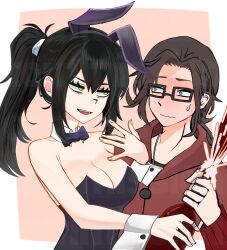 Rule 34 | 1boy, 1girl, alternate costume, animal ears, bags under eyes, black-framed eyewear, black hair, black leotard, blue bow, blue bowtie, bottle, bow, bowtie, breasts, brown hair, champagne bottle, cleavage, closed mouth, commentary, detached collar, english commentary, fake animal ears, green eyes, guguguguh, highres, holding, holding bottle, jacket, large breasts, leotard, long hair, looking at another, nervous, original, pink background, playboy bunny, ponytail, rabbit ears, rectangular eyewear, red jacket, renee graves, sidelocks, simple background, smile, teeth, the coffin of andy and leyley, tongue, upper teeth only, wrist cuffs