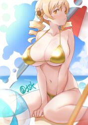 1girl absurdres ball beach beach_umbrella beachball bikini blonde_hair blue_sky breasts cleavage closed_mouth cloud curvy day drill_hair flower gold_bikini hair_flower hair_ornament highres juudo_ni_seiheki_kojireta_madoka_suki large_breasts looking_at_viewer mahou_shoujo_madoka_magica mahou_shoujo_madoka_magica_(anime) navel ocean outdoors sitting sky solo stomach swimsuit thighs tomoe_mami twin_drills umbrella wariza yellow_eyes