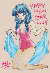 Rule 34 | 1girl, 2024, bikini, blue eyes, blue hair, breasts, cleavage, grin, happy new year, kayura, kneeling, looking at viewer, new year, ronin warriors, smile, swimsuit
