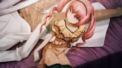 1boy 1girl akiha_rumiho bed_sheet bedside belt black_belt black_hairband black_ribbon breasts brown_pants casual cleavage coat collarbone dress drill_hair fingernails frilled_dress frills frown game_cg green_shorts hairband hand_on_own_thigh head_out_of_frame highres huke lab_coat leather_belt long_hair long_sleeves looking_at_another lying narrowed_eyes non-web_source official_art okabe_rintarou on_back on_bed pants pink_eyes pink_hair puffy_shorts ribbon ringed_eyes shirt short_sleeves shorts shorts_under_dress shorts_under_skirt sitting spread_legs square_pupils steins;gate t-shirt tsurime twin_drills twintails white_coat white_shirt worried