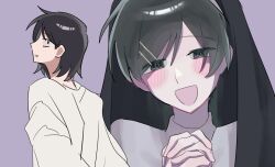 2girls :d black_eyes black_hair blush dakara_bokuha futsuu_no_keion-bu hair_ornament hairpin hatono_chihiro head_tilt interlocked_fingers kouyama_rin looking_at_viewer lovestruck multiple_girls nun open_mouth own_hands_clasped own_hands_together parted_bangs pixie_cut portrait praying profile purple_background shirt short_hair simple_background smile traditional_nun upper_body white_shirt