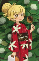 1girl allium_(flower) arm_at_side black_sash blonde_hair blush_stickers collarbone cowboy_shot donut eyes_visible_through_hair fang fangs fingernails flat_chest floral_background floral_print floral_print_kimono floral_print_sash food from_side hair_between_eyes hair_bun hair_flaps hair_up hand_up highres japanese_clothes kimono looking_at_viewer monogatari_(series) obi obijime open_mouth oshino_shinobu pastry_box pointy_ears print_kimono red_kimono ricman_rt ringed_eyes sash single_hair_bun smile solo swept_bangs wide_sleeves yellow_eyes