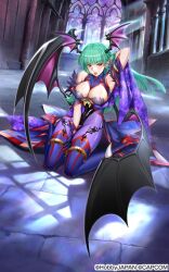 1girl breasts cleavage cosplay crossover darkstalkers green_hair head_wings highres large_breasts long_hair morrigan_aensland official_art open_mouth pantyhose queen&#039;s_blade queen&#039;s_blade_limit_break red_eyes solo werbellia wings