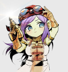 Rule 34 | 1girl, adjusting eyewear, aqua eyes, arm up, armlet, bandana, breasts, buttons, colored eyelashes, colored skin, commentary request, double-breasted, dragon quest, dragon quest x, dress, earrings, floating hair, gem, gloves, goggles, goggles on headwear, gold armlet, green skin, highres, holding power drill, jewelry, large breasts, large ears, long hair, looking to the side, necklace, orange dress, orange gloves, petite, power drill, purple hair, red bandana, red gemstone, sato sio (si00x), solo, stud earrings, two-tone dress, ulta (dq10), upper body, white dress
