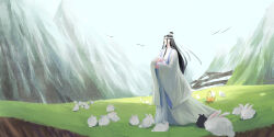 1boy animal basket bird black_hair black_rabbit_(animal) carrot chinese_clothes closed_mouth grass hanfu headband highres holding holding_animal holding_rabbit lan_wangji long_hair long_sleeves modao_zushi mountain nature outdoors rabbit solo standing topknot white_hanfu white_headband white_rabbit_(animal) wide_sleeves xianduguaitan xiao_guan_(headdress) yellow_eyes
