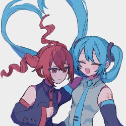 2girls aqua_hair aqua_necktie arm_tattoo black_shirt closed_eyes closed_mouth commentary curly_hair detached_sleeves hair_between_eyes hatsune_miku highres kasane_teto kasane_teto_(utau) long_hair multiple_girls necktie open_mouth red_eyes red_hair rtm1016 shirt simple_background smile tattoo twintails upper_body utau variant_set very_long_hair vocaloid white_background