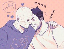 2boys bald beard blush cat closed_eyes closed_mouth couple deadpool deadpool_&amp;_wolverine deadpool_(series) facial_hair hand_on_another&#039;s_shoulder heart hello_kitty hood hood_down hoodie long_sleeves looking_at_another male_focus marvel marvel_cinematic_universe multiple_boys saliva sanrio scar scars_all_over sherlock7akane short_hair sleeping speech_bubble thought_bubble too_many wolverine_(x-men) x-men yaoi zzz