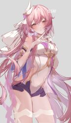 1girl artist_name black_shorts breasts clear_regulus commentary corset diamond-shaped_pupils diamond_(shape) elysia_(herrscher_of_human:_ego)_(honkai_impact) elysia_(honkai_impact) gloves grey_background highres honkai_(series) honkai_impact_3rd long_hair looking_at_viewer medium_breasts micro_shorts pink_hair purple_eyes shorts simple_background solo symbol-only_commentary symbol-shaped_pupils thigh_strap thighs veil very_long_hair white_corset white_gloves white_veil