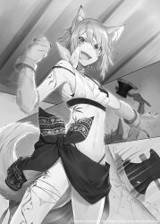 1boy 1girl absurdres animal_ear_fluff animal_ears axe bare_shoulders bra bracelet highres isshun_de_chiryou_shiteita_noni_yakutatazu_to_tsuihou_sareta_tensai_chiyushi_yami_healer_toshite_tanoshiku_ikiru jewelry lynga_(yami_healer) monochrome navel novel_illustration official_art pelvic_curtain skirt tail tattoo underwear wolf_boy wolf_ears wolf_girl wolf_tail wonoco0916