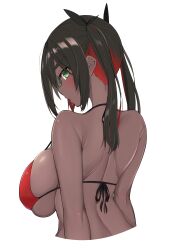 1girl arms_at_sides back back_focus bikini black_hair blush breasts commentary_request creatures_(company) cropped_arms cropped_torso dark-skinned_female dark_skin from_behind game_freak gen_6_pokemon green_eyes halterneck highres large_breasts legendary_pokemon long_hair looking_at_viewer median_furrow multicolored_hair natsuki_straight neck nintendo open_mouth personification pokemon red_bikini red_hair shoulder_blades sideboob sideways_glance simple_background skindentation solo strap_gap swimsuit twintails two-tone_hair upper_body white_background yveltal