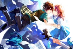 1boy 1girl ^_^ absurdres backpack bag bass_clef beamed_quavers brown_hair closed_eyes copyright_name crotchet_rest dress closed_eyes flat_sign harrymiao highres holding_another&#039;s_arm holding_own_arm johnathan_wyles kneehighs lighthouse midair moon musical_note night night_sky origami quaver_rest red_hair river_wyles sheet_music shirt short_hair short_sleeves sky smile socks star_(sky) starry_sky stuffed_animal stuffed_toy t-shirt to_the_moon treble_clef